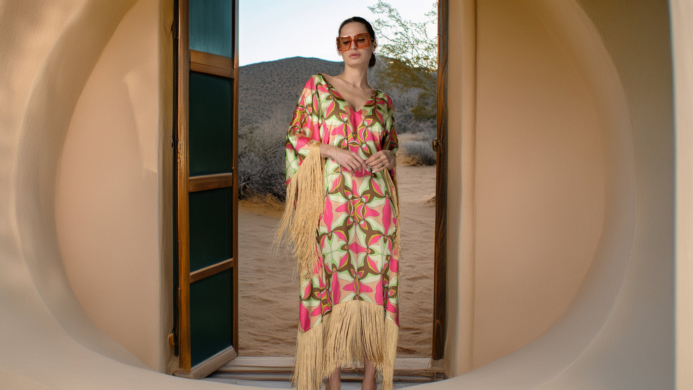 ST- Pink Geometric Fringed Satin Long Kaftan Dress
