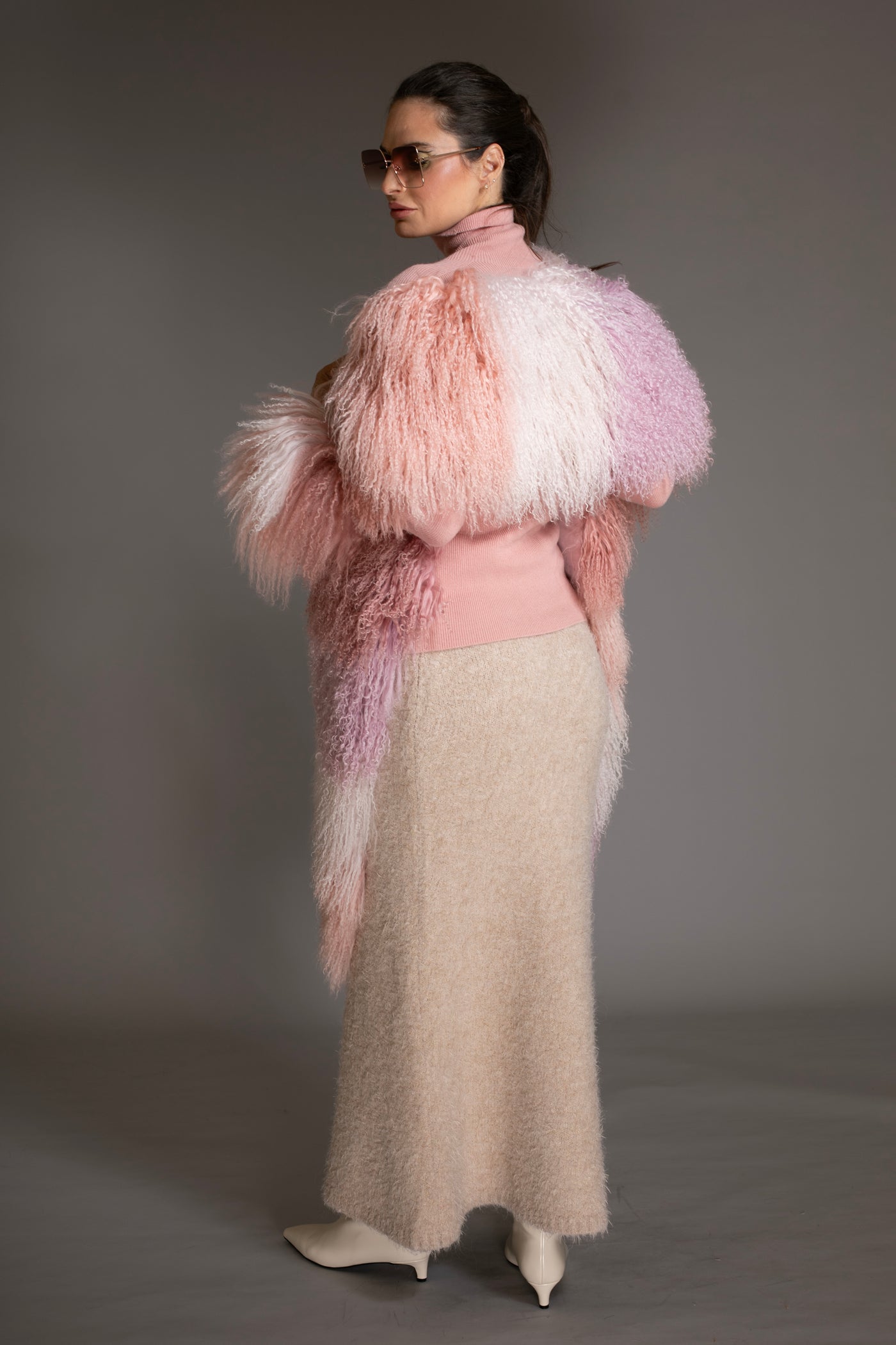 Ombre Mongolian Shearling Shawl Scarf Pink