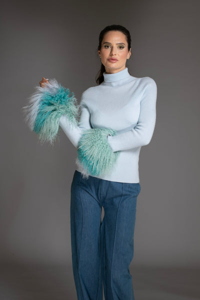 Light Blue Wool Sweater Mongolian shearling Cuffs
