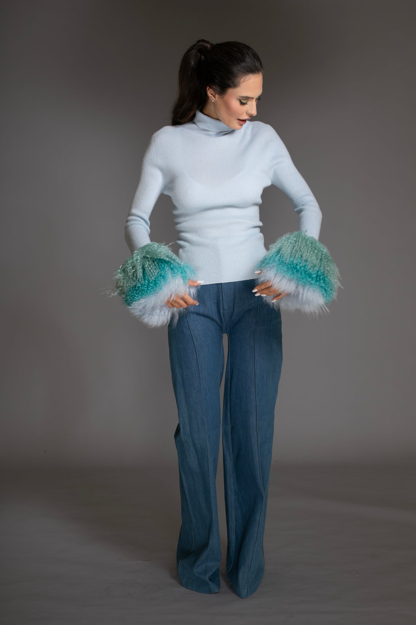 Light Blue Wool Sweater Mongolian shearling Cuffs