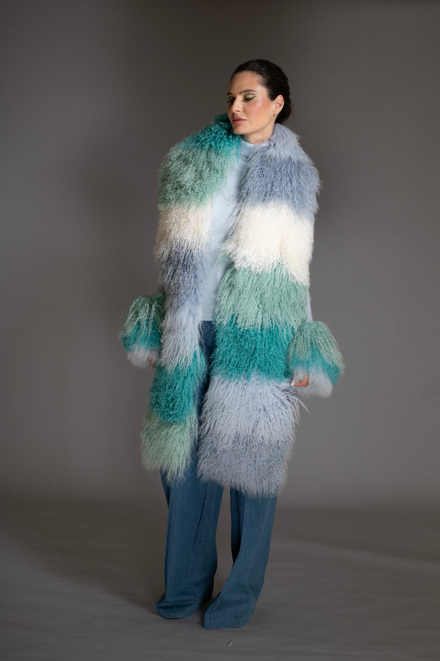 Ombre Mongolian Shearling Shawl Scarf Blue