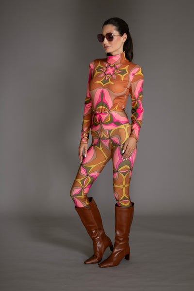 Brown Pink Multi Abstract Patterned Leggings