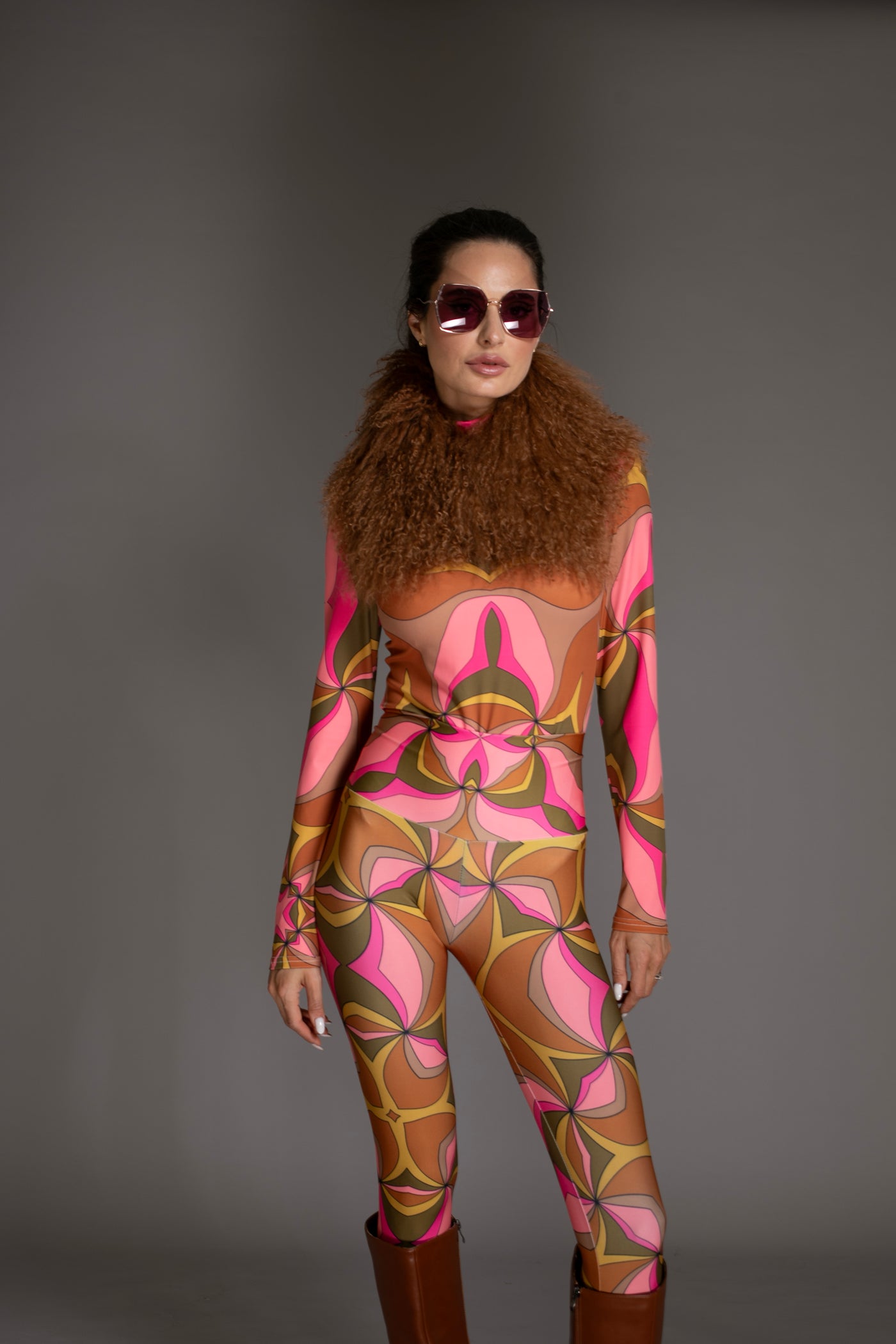 Brown Pink Multi Abstract Patterned Leggings