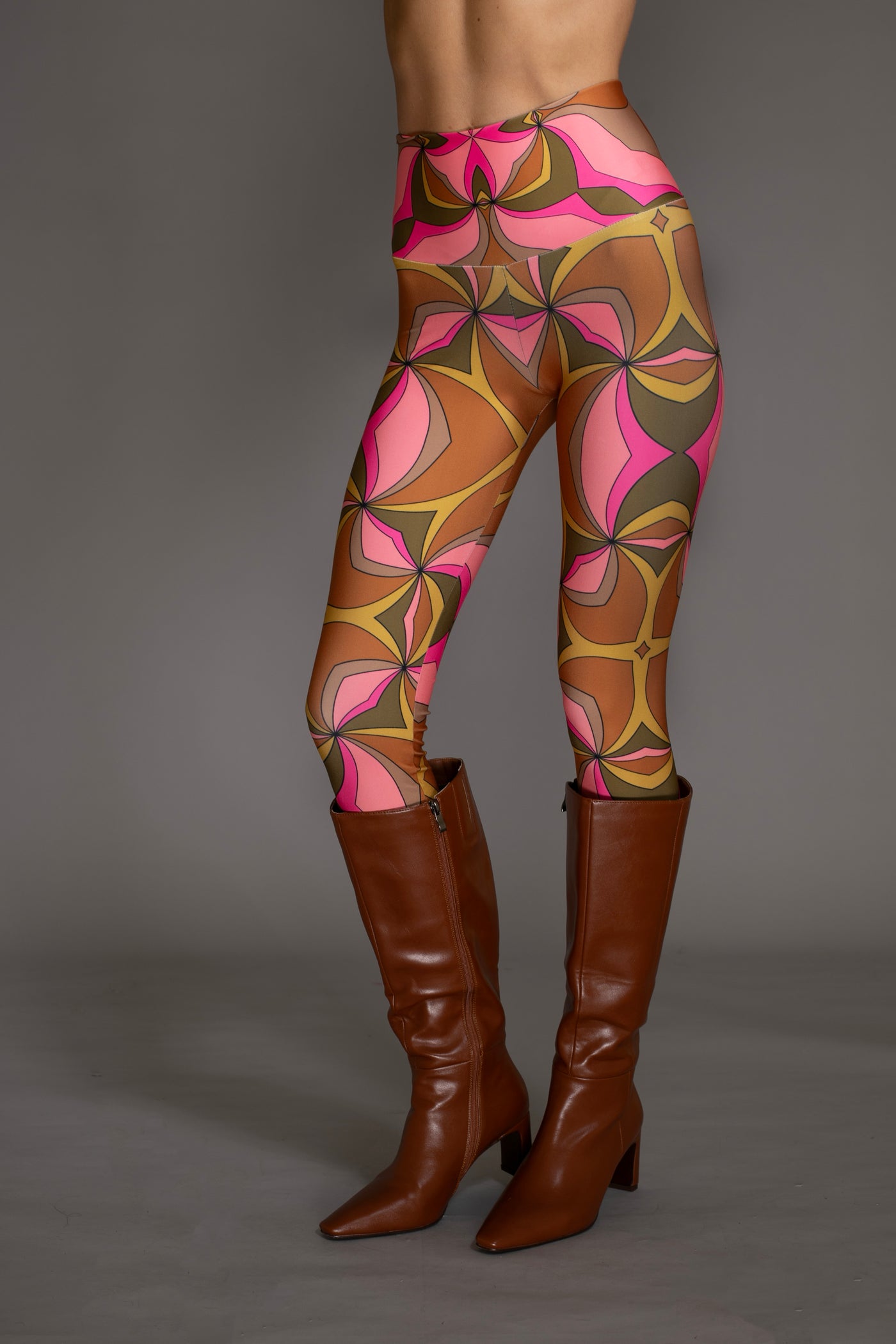 Brown Pink Multi Abstract Patterned Leggings