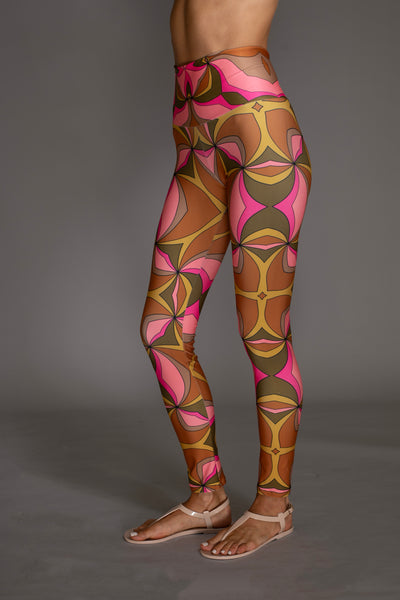 Brown Pink Multi Abstract Patterned Leggings