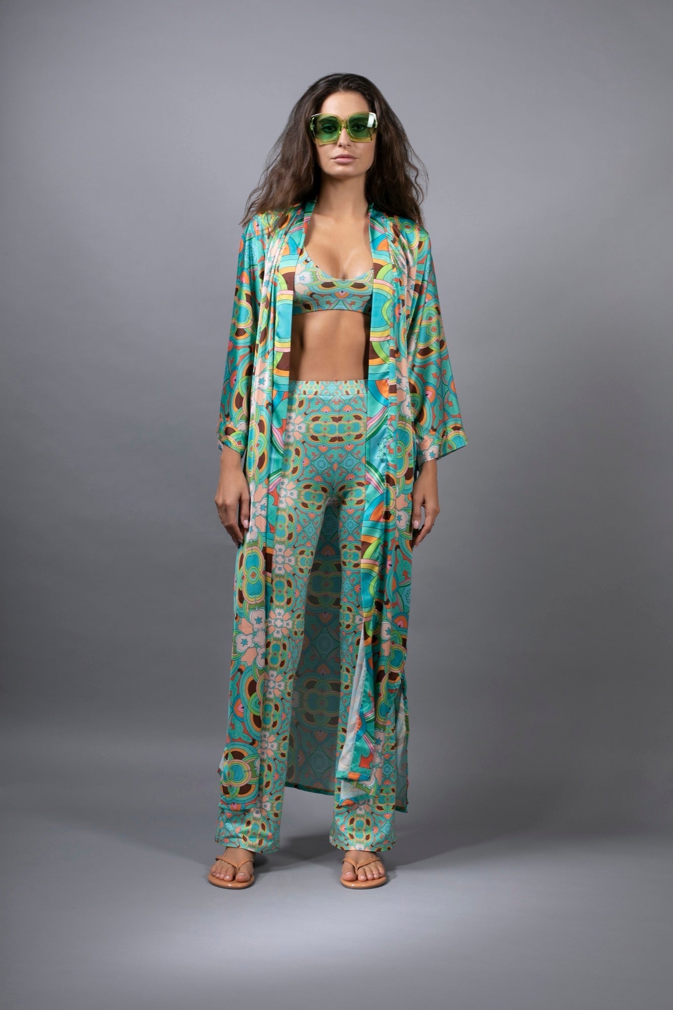 PSYCHEDELIC CROSSES STAR TEAL FLARED PANTS