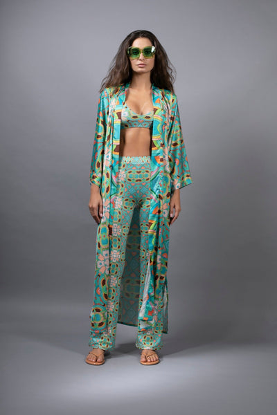 PSYCHEDELIC CROSSES STAR TEAL FLARED PANTS