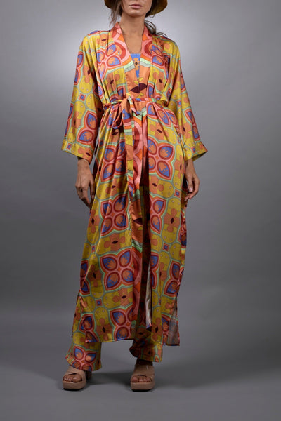 MUSTARD MESCALINE floral Satin Kimono