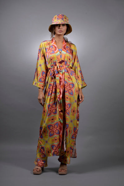 MUSTARD MESCALINE floral Satin Kimono