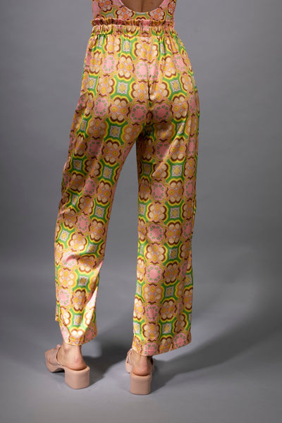 60's Pastel Print Satin Wide-Leg Pants