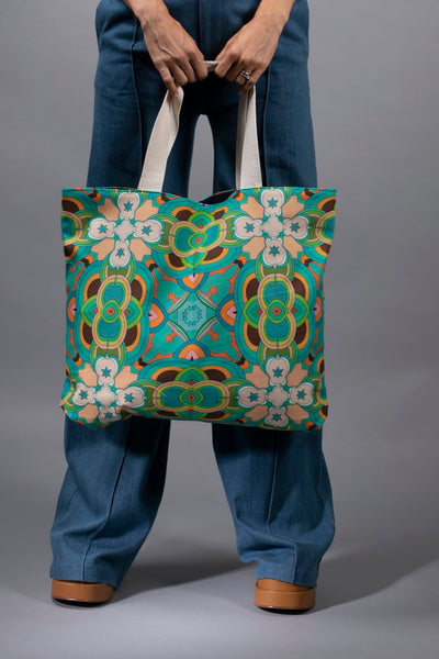 PSYCHEDELIC CROSSES STAR TEAL LARGE TOTE