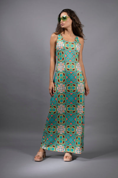 PSYCHEDELIC STAR TEAL-TANK MAXI DRESS