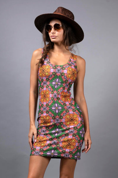 EXOTIC FLORAL ORANGE Print Fitted Dress