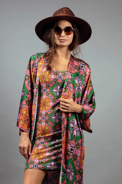 EXOTIC FLORAL ORANGE Print Fitted Dress
