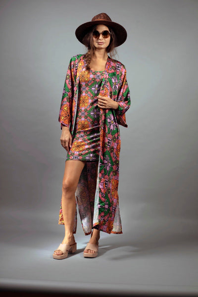 EXOTIC FLORAL ORANGE Print Fitted Dress