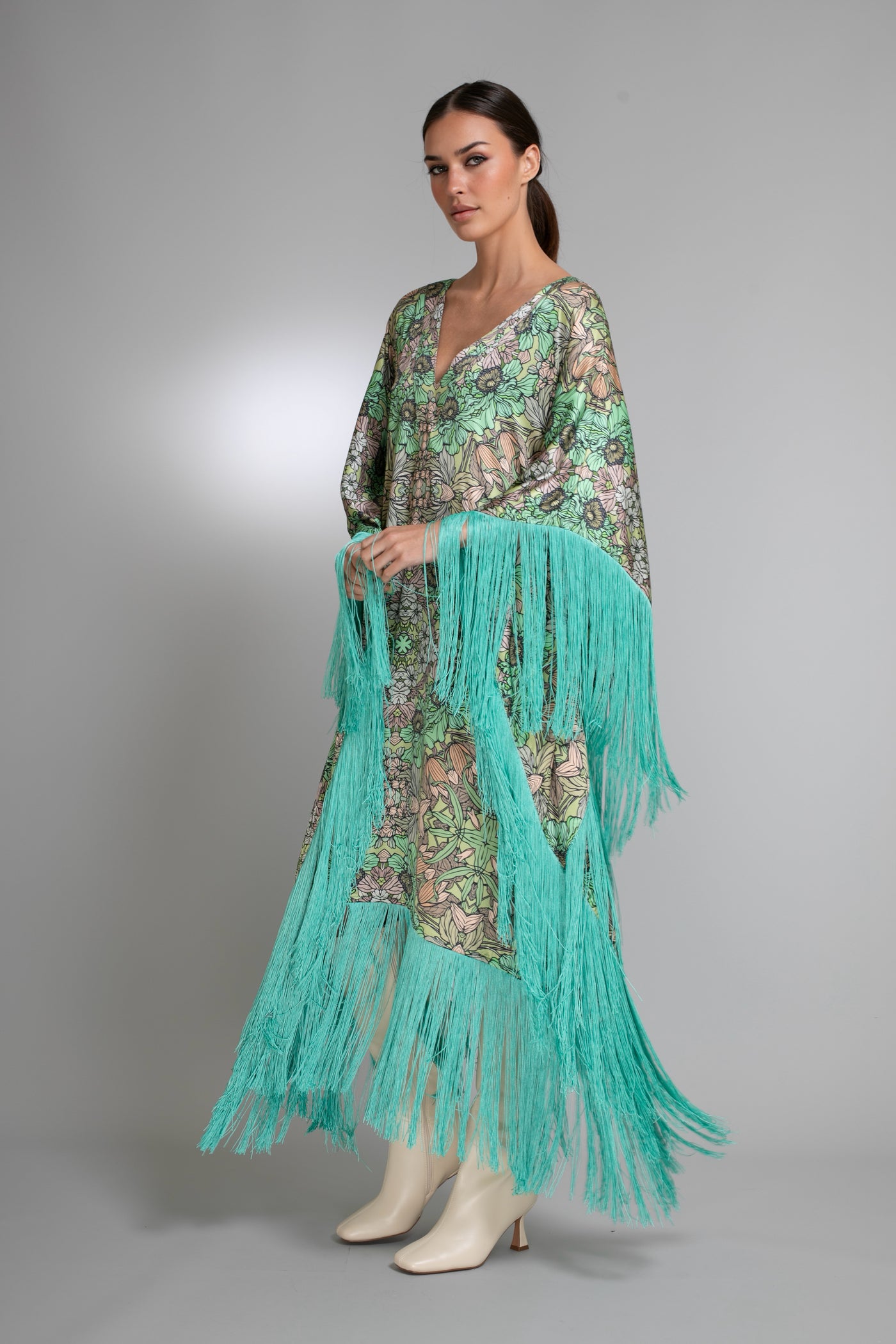 Aqua Bloom Fringed Satin Kaftan Dress L