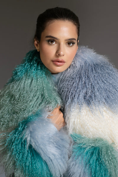 Ombre Mongolian Shearling Shawl Scarf Blue