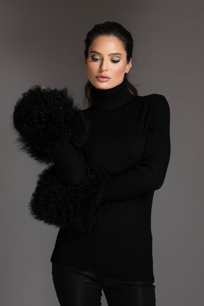 Black Knit Sweater With Mongolian Shearling Cuffs
