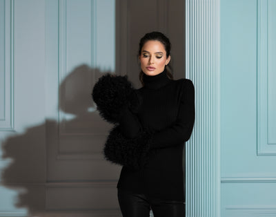 Black Knit Sweater With Mongolian Shearling Cuffs