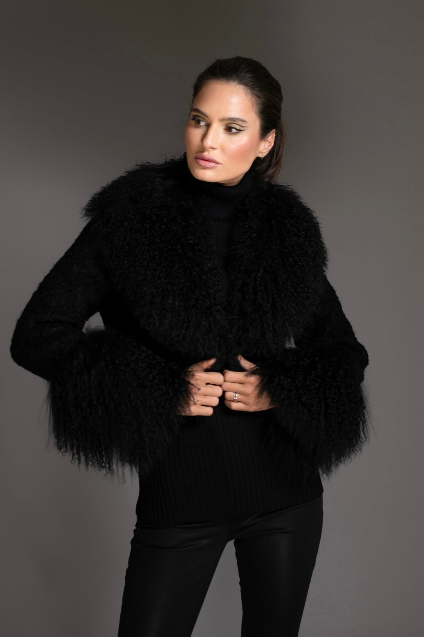 Black Cropped Mongolian Shearling Coat