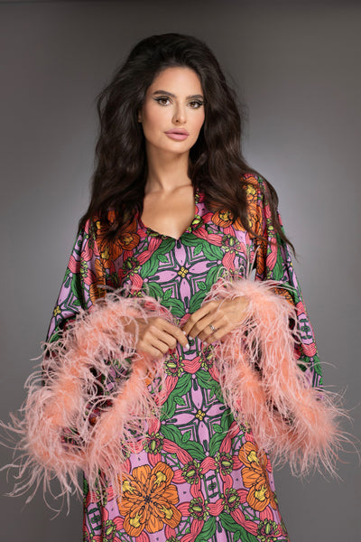 Floral High Low Gown Bell Sleeves Ostrich Feathers