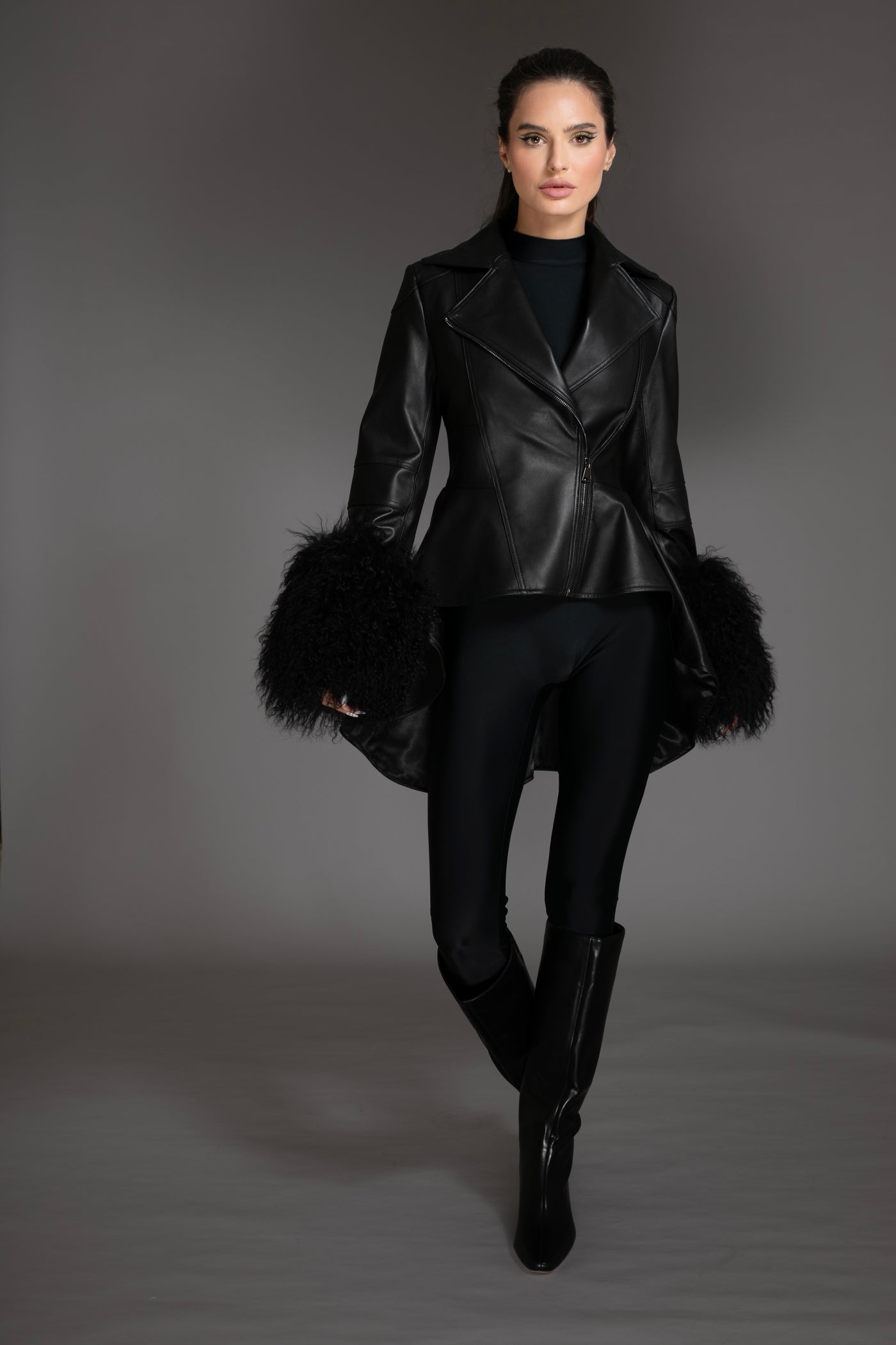 Black Peplum Hi-Low Leather Jacket Mongolian Cuffs