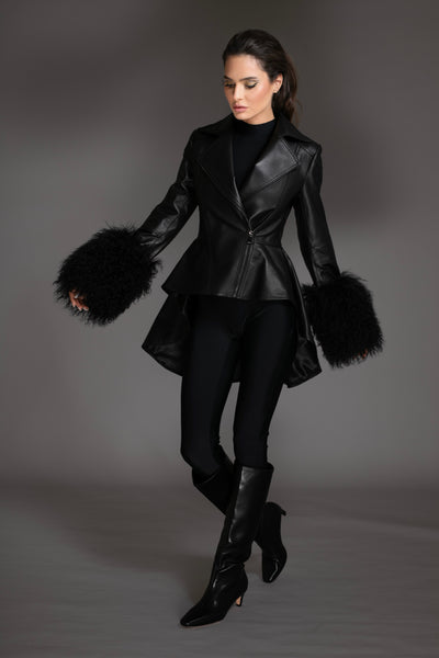 Black Peplum Hi-Low Leather Jacket Mongolian Cuffs