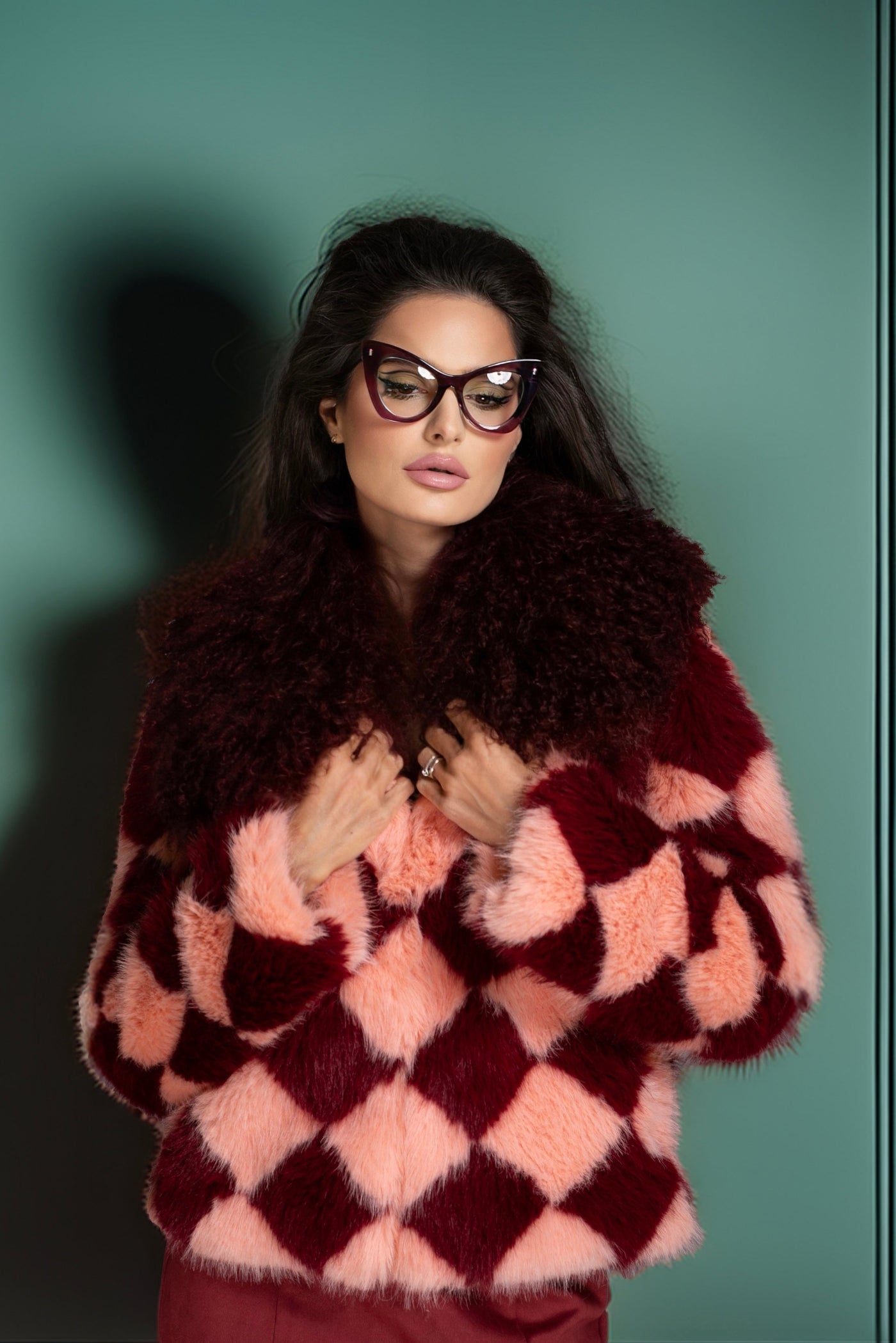 Burgundy Pink Checkered Faux Fur Coat Mongolian Collar
