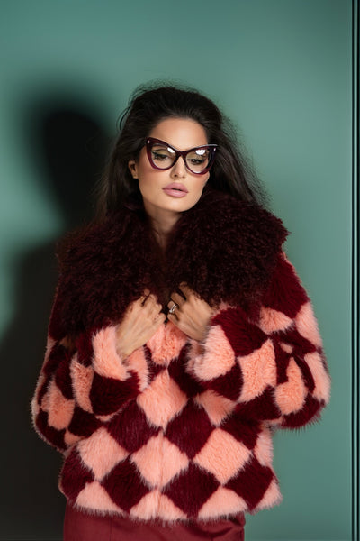 Burgundy Pink Checkered Faux Fur Coat Mongolian Collar