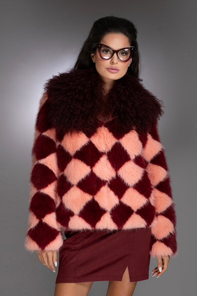 Burgundy Pink Checkered Faux Fur Coat Mongolian Collar