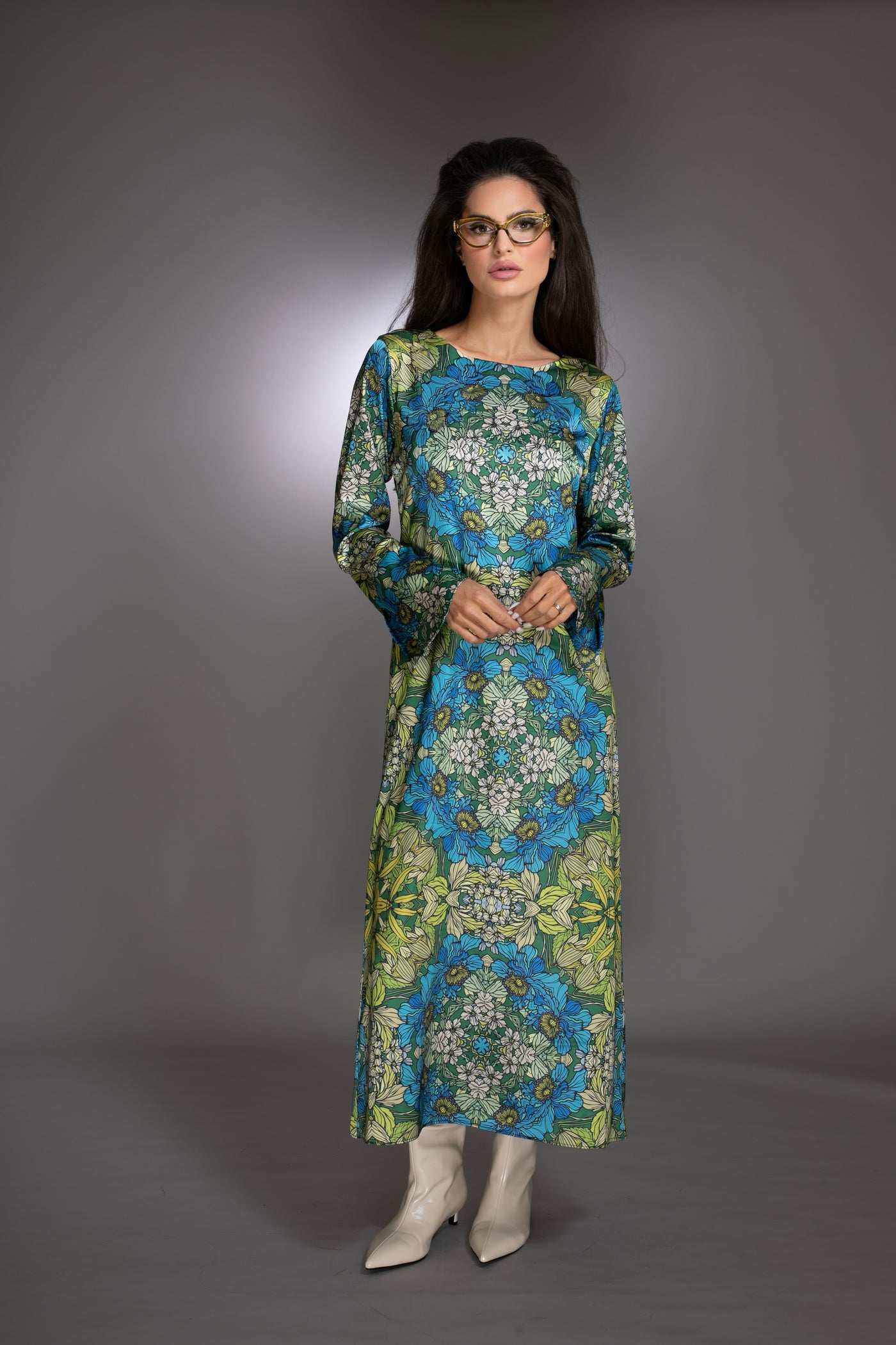 Blue Garden Long Sleeve Satin Maxi Dress