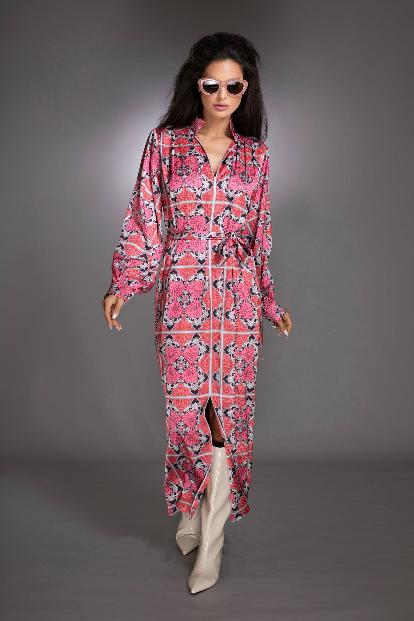 Long Sleeve Pink Satin Caftan Maxi Dress