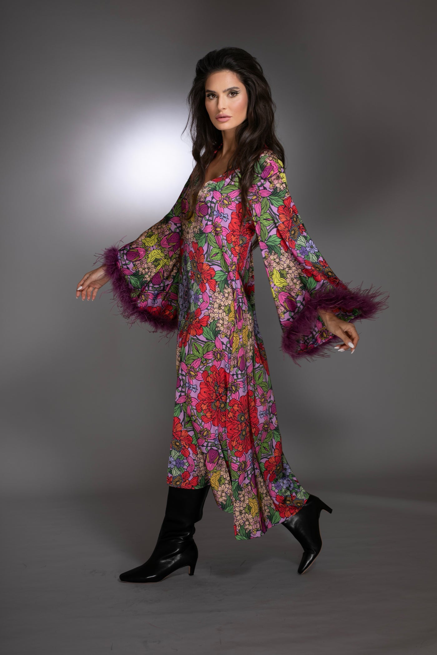 Red Floral High Low Gown Bell Sleeves Ostrich Feathers
