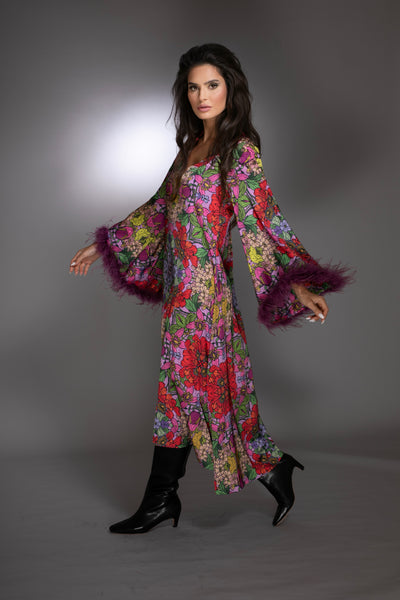 Red Floral High Low Gown Bell Sleeves Ostrich Feathers