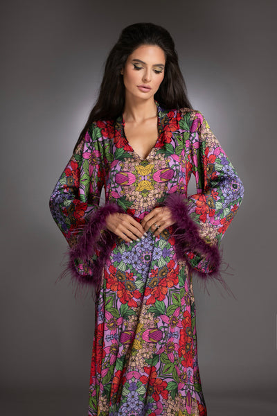 Red Floral High Low Gown Bell Sleeves Ostrich Feathers