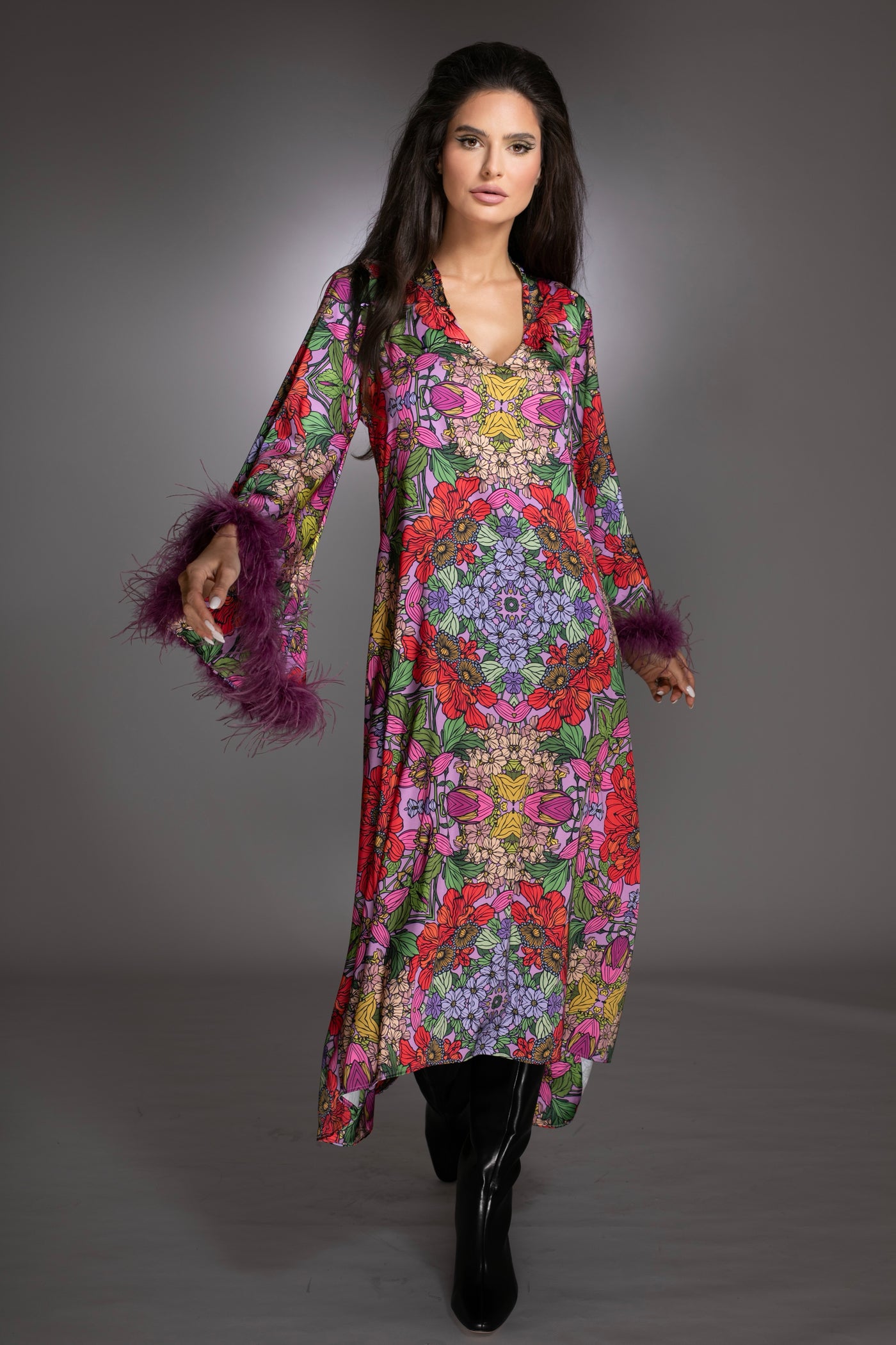 Red Floral High Low Gown Bell Sleeves Ostrich Feathers