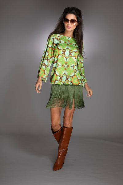 Abstract Print Green Fringe Dress