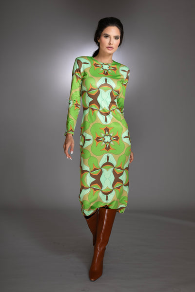Abstract Print Green Mock-neck Midi Dress
