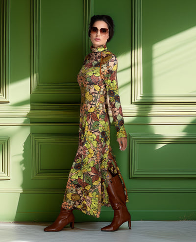 Golden Floral Long Sleeve Turtleneck Maxi Sweater Dress