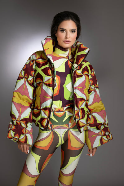 Brown Multi Abstract Printed Puffer Jacket