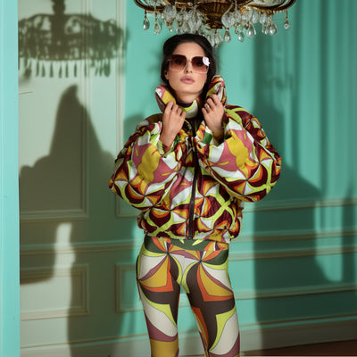 Brown Abstract Printed Puffer Jacket