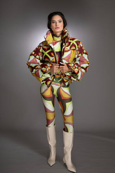 Brown Multi Abstract Printed Puffer Jacket