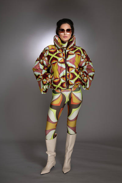 Reversible Brown Multi Abstract Printed Puffer Jacket