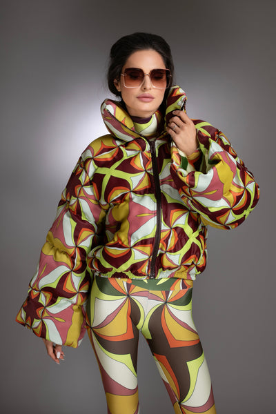 Brown Multi Abstract Printed Puffer Jacket