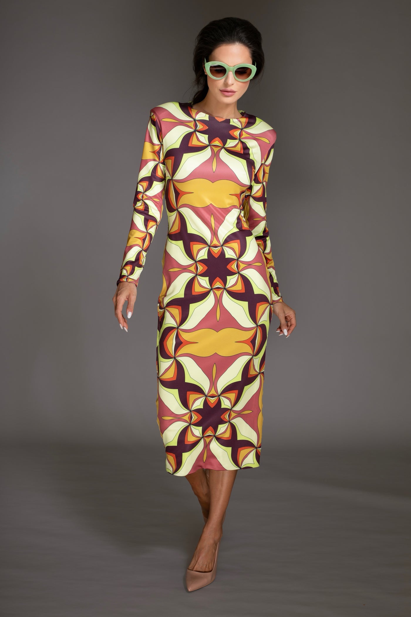 Abstract Print Brown Mock-neck Midi Dress
