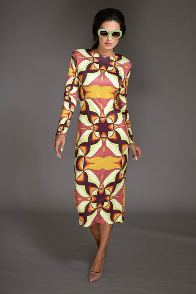 Abstract Print Brown Mock-neck Midi Dress