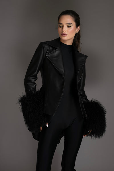 Black Knit Sweater With Mongolian Shearling Cuffs