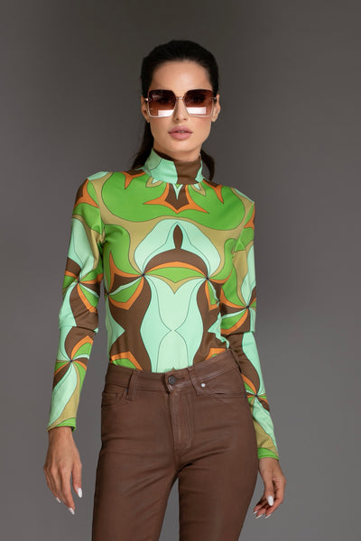 Abstract Green Turtleneck Bodysuit