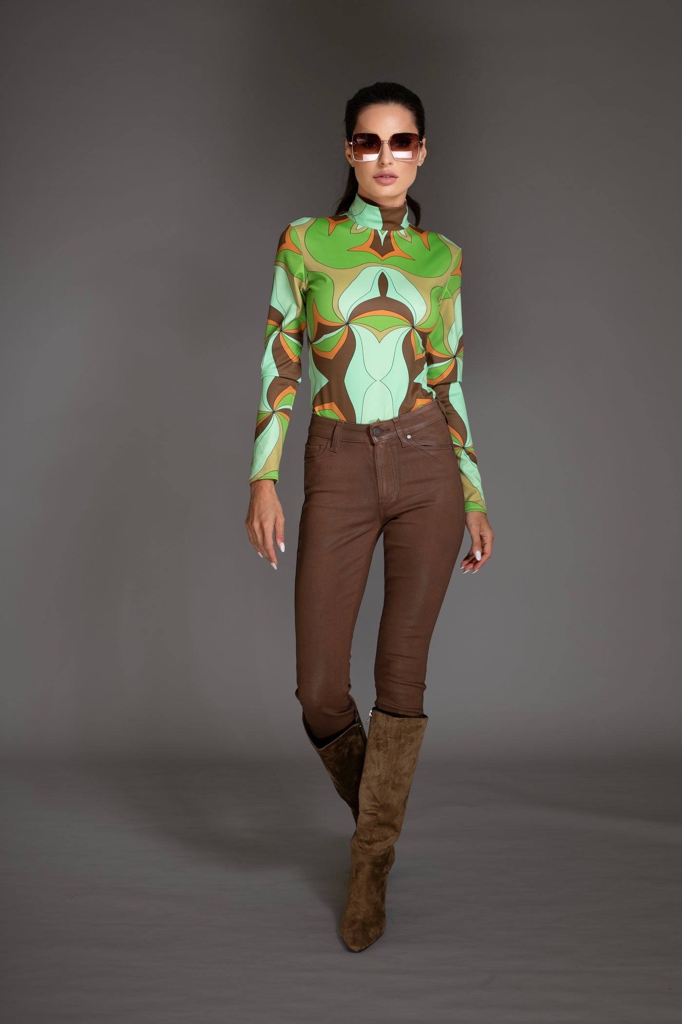 Abstract Green Turtleneck Bodysuit