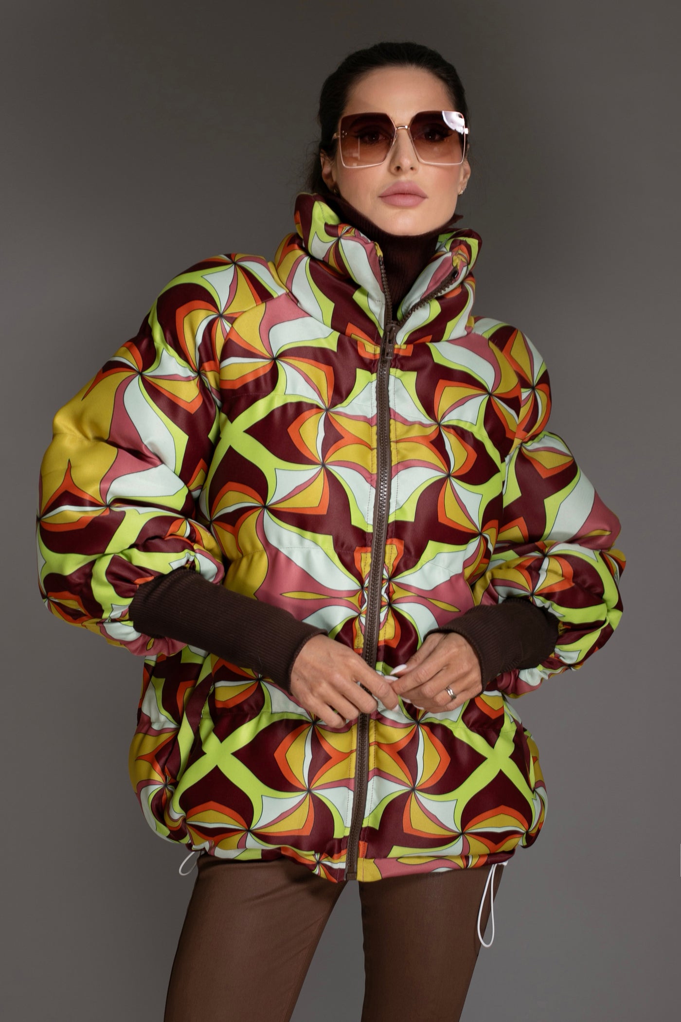 Jacket Abstract Brown Multi Stand-up Collar Puffer